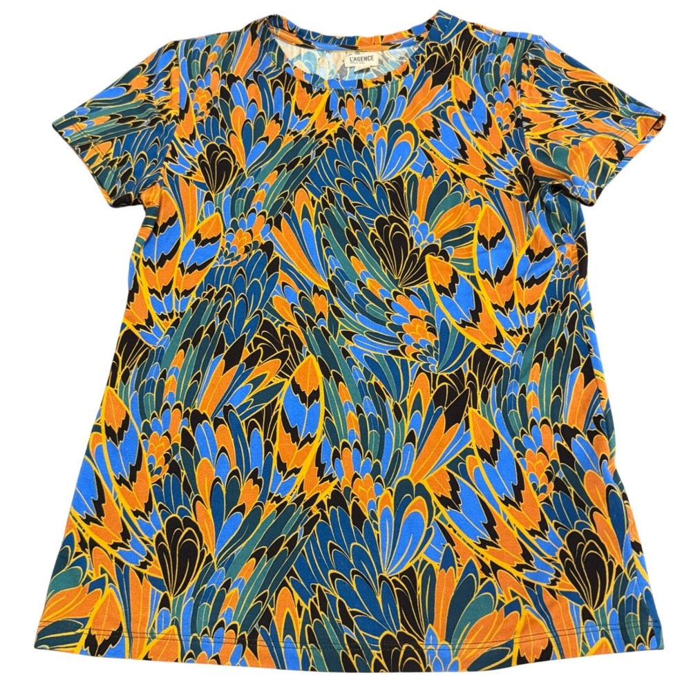 L'Agence Ressi Parrot Feather Print T-Shirt Blue Orange Small USA Tropical Vacay